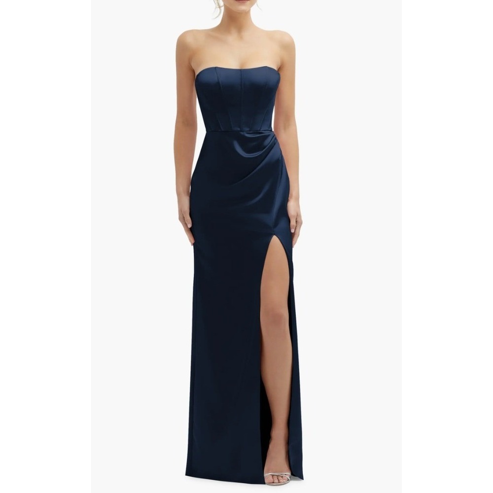 After Six Midnight Navy Satin Strapless Corset Gown Side Slit Wedding‎ Size 0